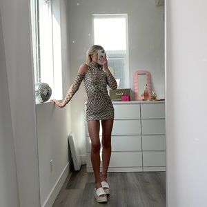 Like Checkerboard Cold Shoulder Mini Dress